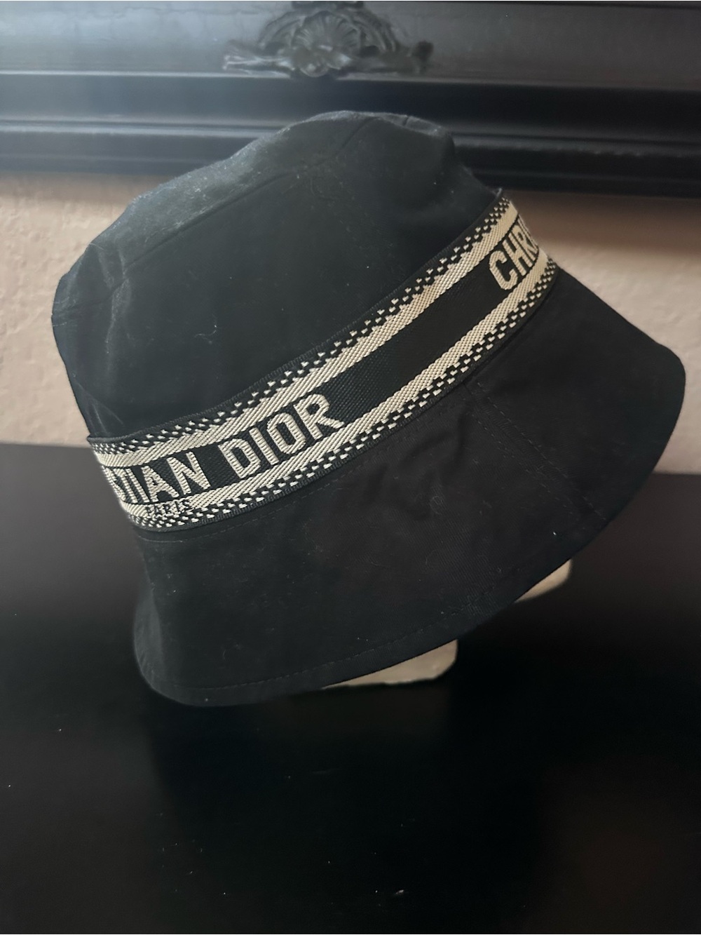 Dior Black Bucket Hat with Beige Logo Band